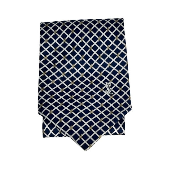 Yves Saint Laurent Paris Luxury Silk Necktie Tie Vintage Monogrammed Window Pane - Picture 2 of 14